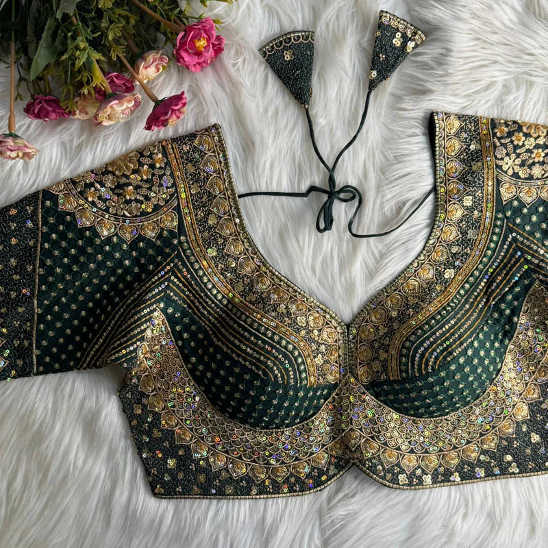 Bottle Green Designer Bridal Blouse with Heavy Stars, Rainbow & Sequins Work  Roman Silk