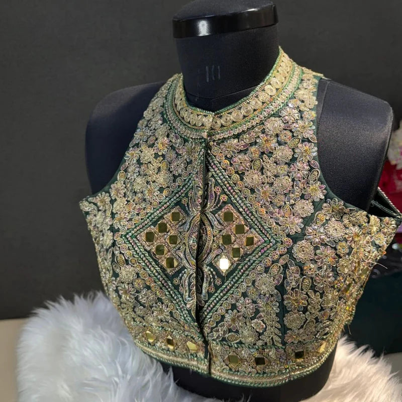 Bottle Green Designer Roman Silk Halter Neck Blouse with Real Mirror Work