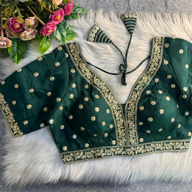 Bottle Green Heavy Embroidery Work Partywear Blouse in Roman Silk with Embroidery & Sequins