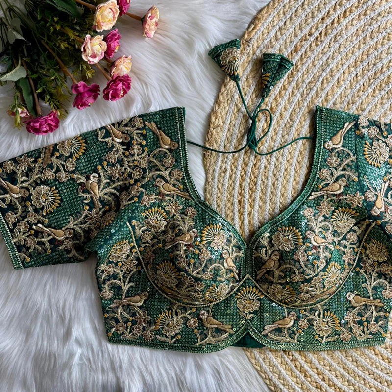 Bottle Green Luxury Bird Motif Bridal Blouse  Roman Silk Designer Wedding Wear