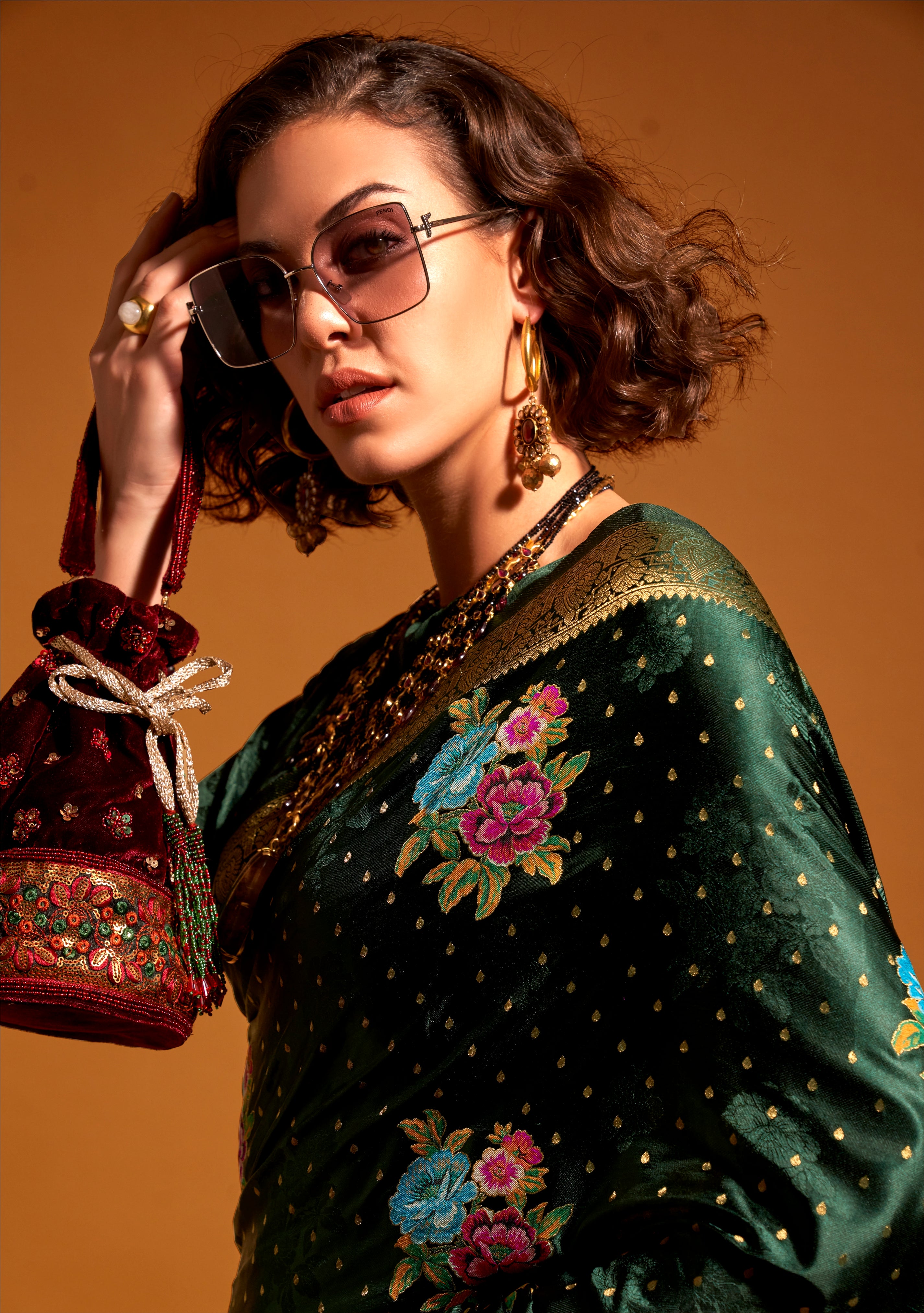 Bottle Green Multi Color Flower Jacquard Woven Saree