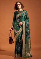 Bottle Green Multi Color Flower Jacquard Woven Saree
