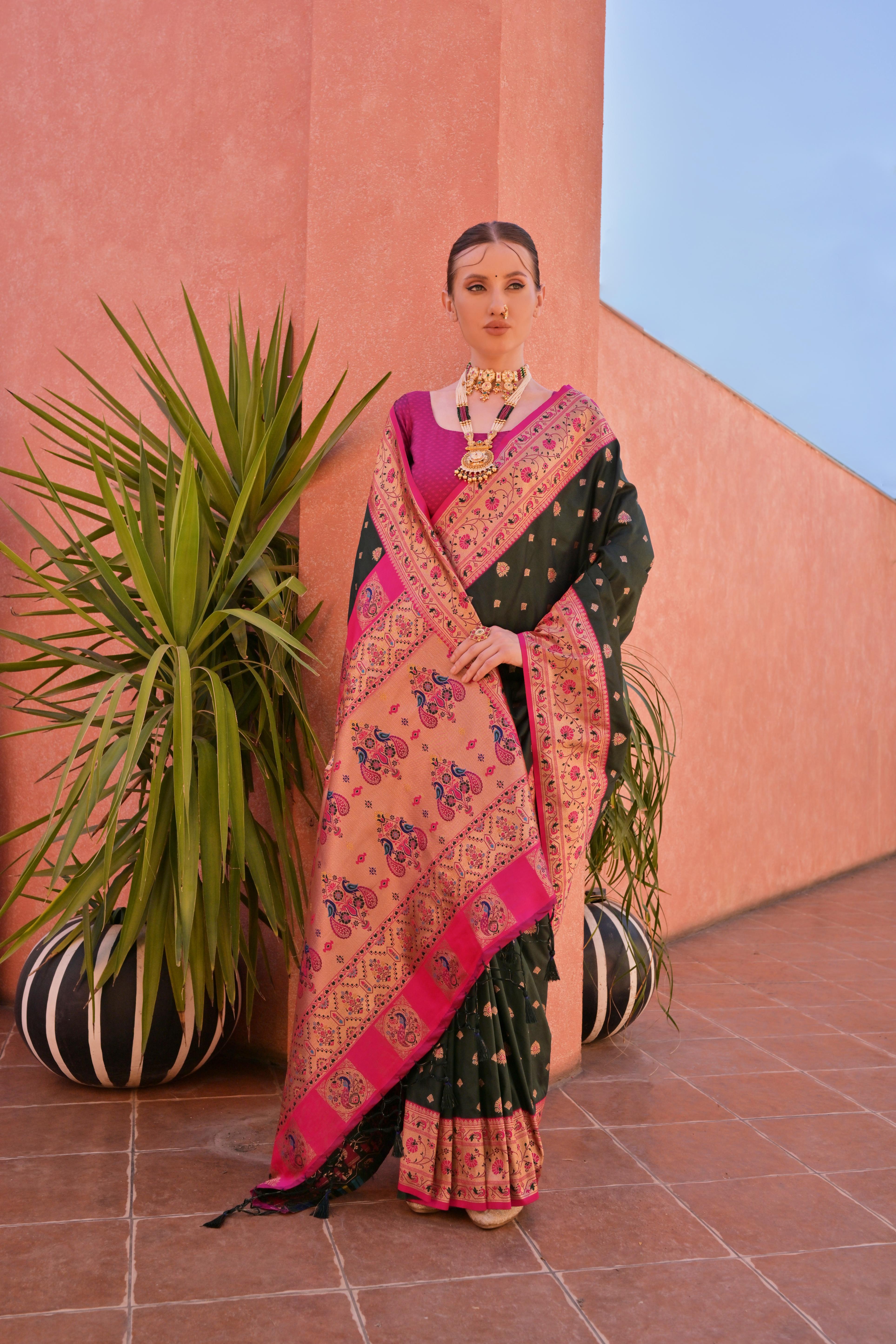 Bottle Green Paithani Silk Saree with Paithani Pallu and Zari Butti