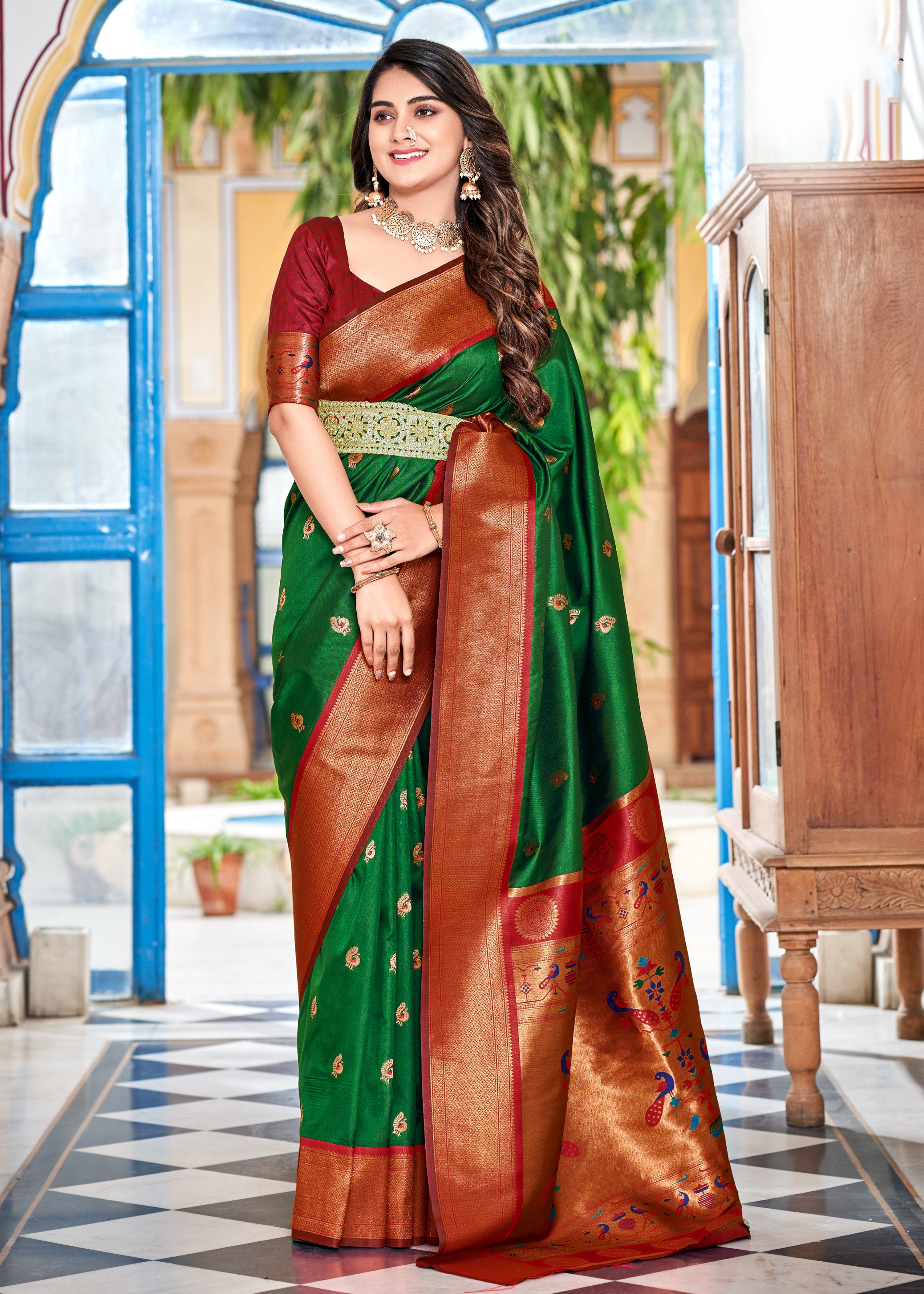 Bottle Green Paithni Silk Saree with Jacquard Woven work