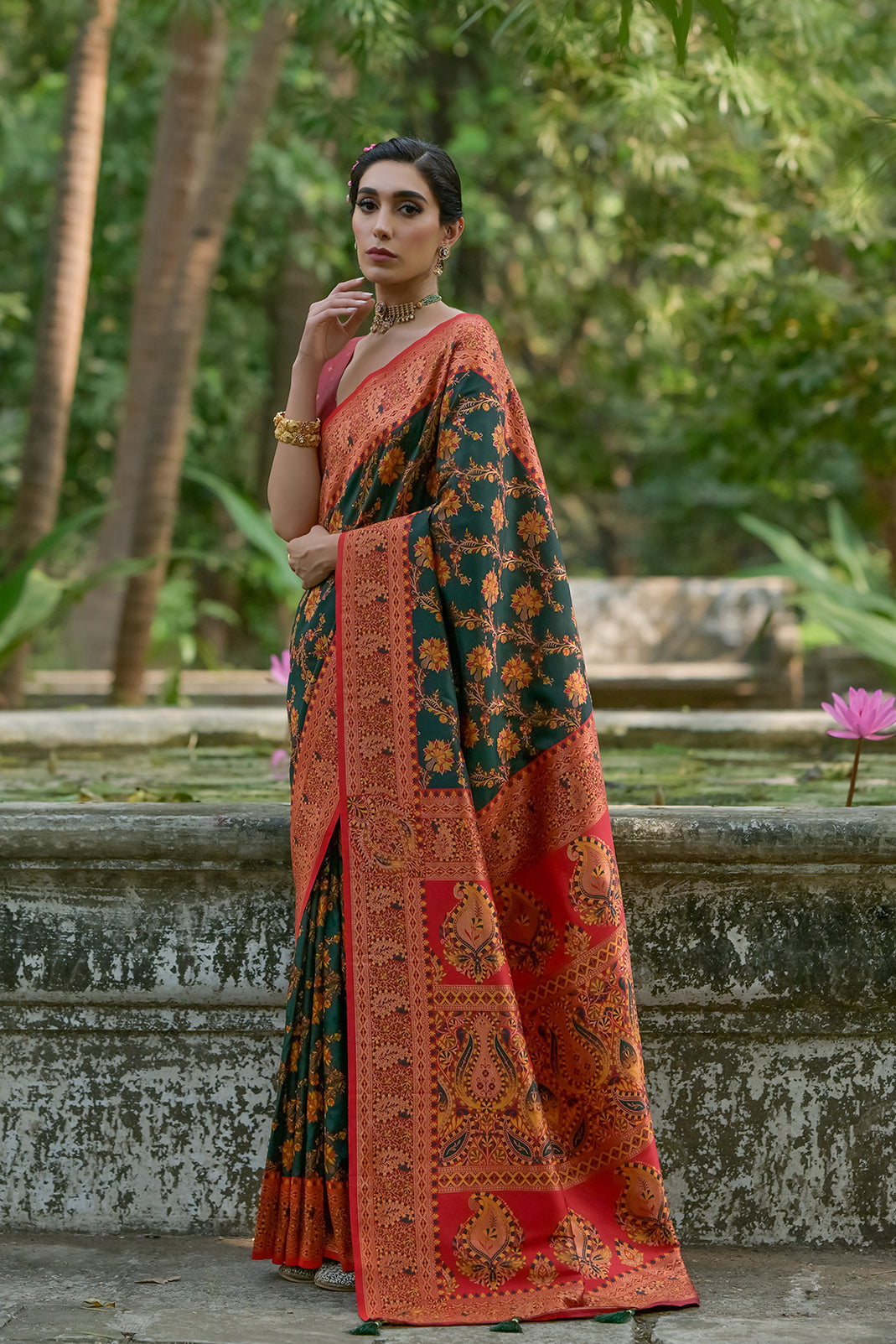 Bottle Green Pashmina Silk Saree with Floral Jal and Thread Pallu