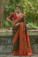 Bottle Green Pashmina Silk Saree with Floral Jal and Thread Pallu
