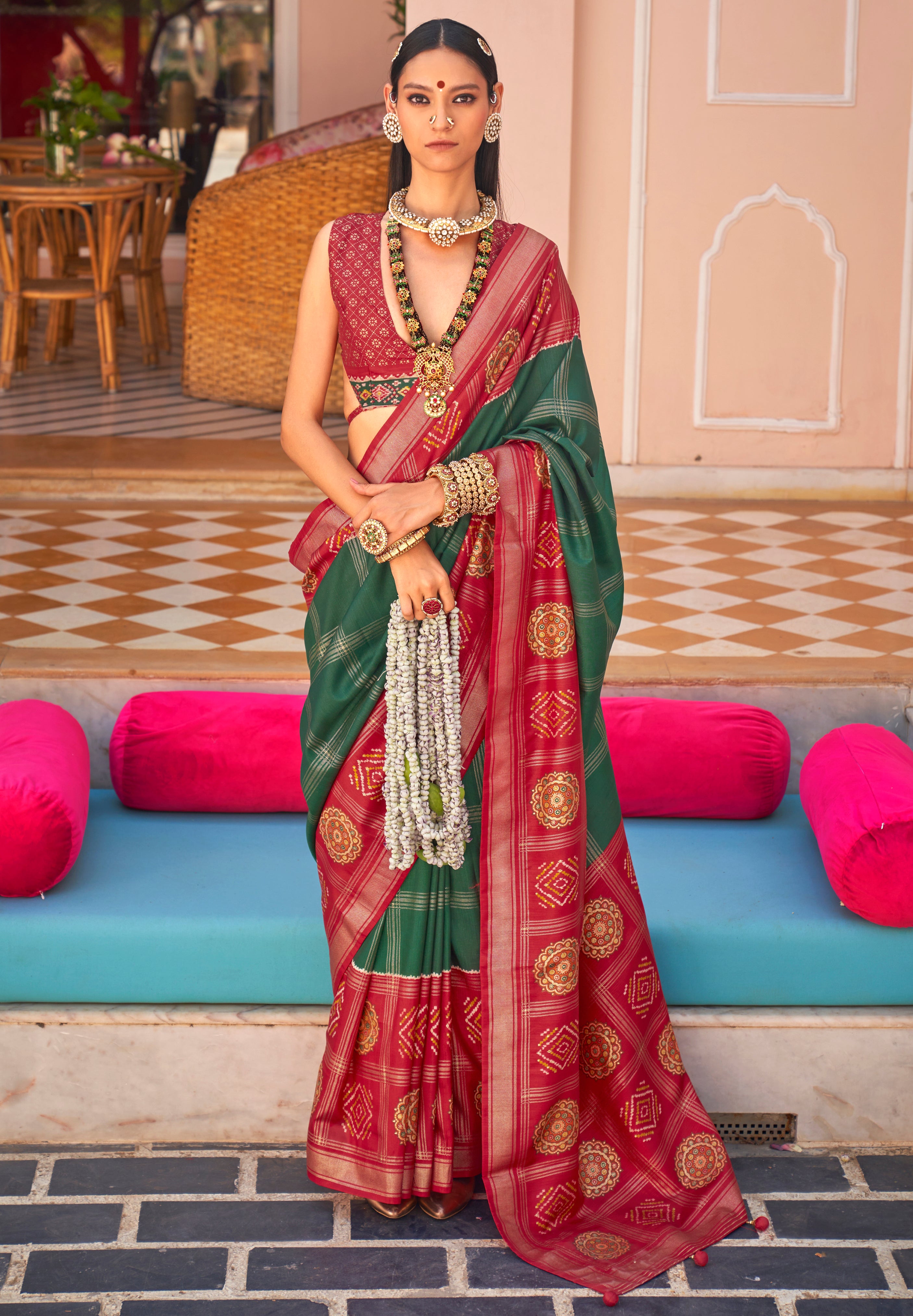 Bottle Green Printed Saree With Jacquared Woven Work
