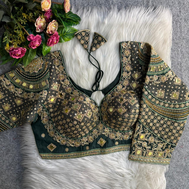 Bottle Green Real Mirror Work Long Sleeve Bridal Blouse in Roman Silk with Embroidery & Sequins