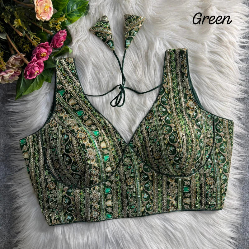 Bottle Green Royal Couture Heavy Neck Position Work Blouse  Pure Crepe Embroidered & Sequined Partywear