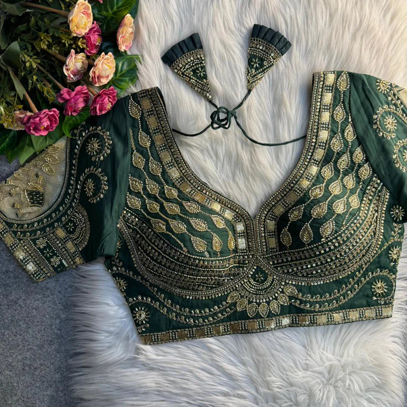 Bottle Green Royal Elephant Patch Work Bridal Blouse  Roman Silk Heavy Beads & Sequins Designer Wear