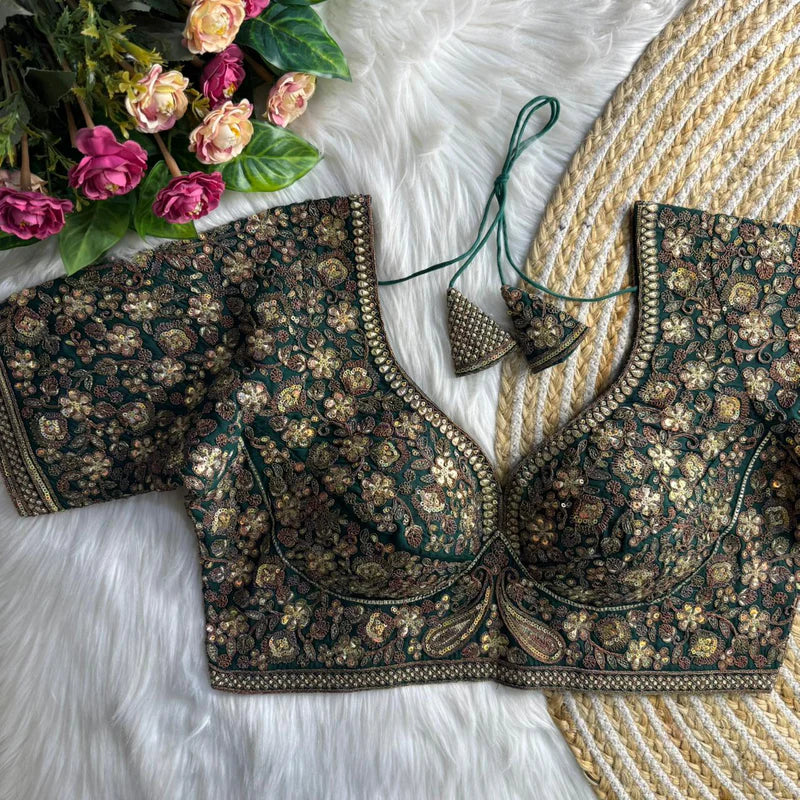 Bottle Green Sabyasachi Inspired Heavy Copper Work Bridal Blouse in Roman Silk with Embroidery & Sequins
