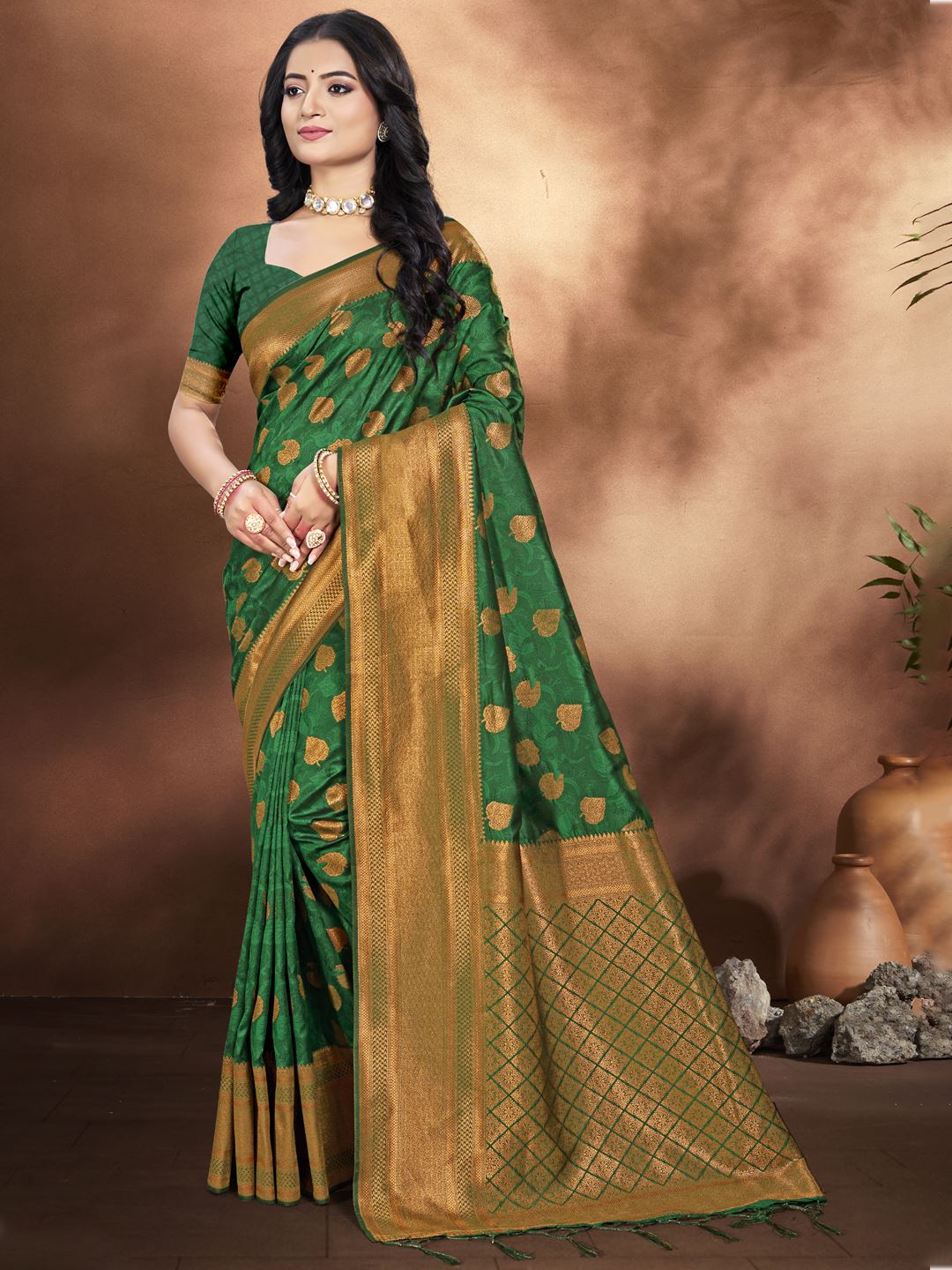 Bottle Green Silk Blend Traditional Woven Work Saree