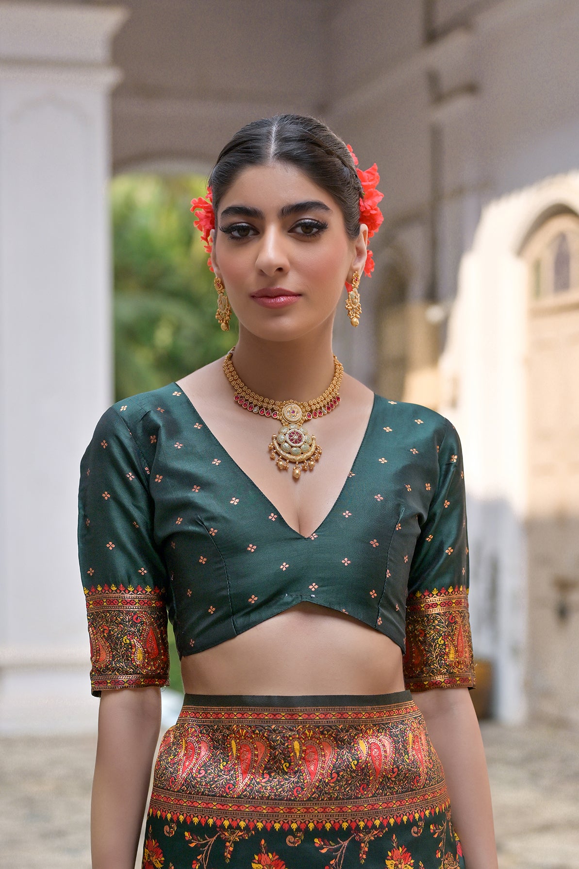Bottle Green Silk Saree with Thread Jal and Floral Weaves