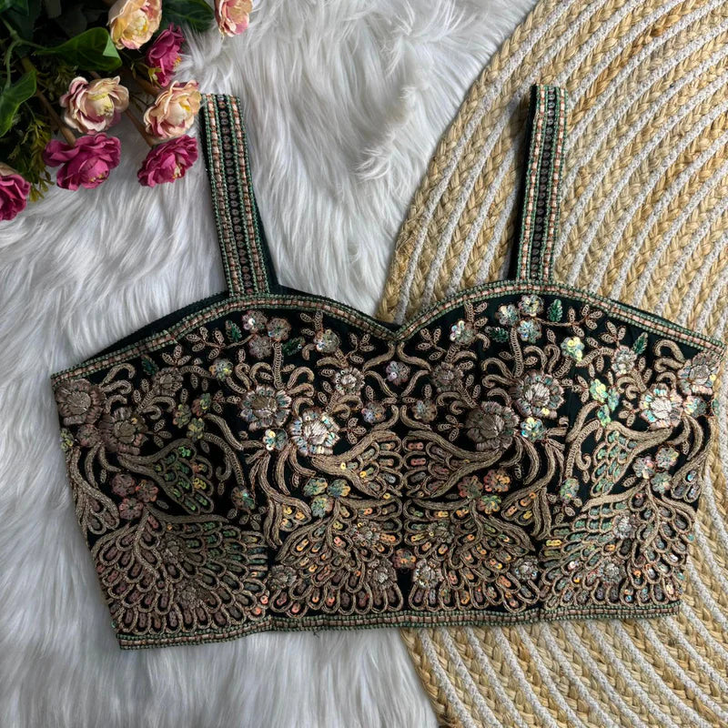 Bottle Green Womens Spaghetti Western Designer Blouse  Fox Georgette Embroidered & Sequins Partywear