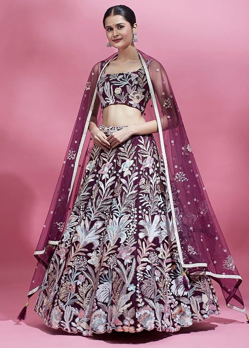 Breathtaking Wine Sequins Soft Net Function Wear Lehenga Choli