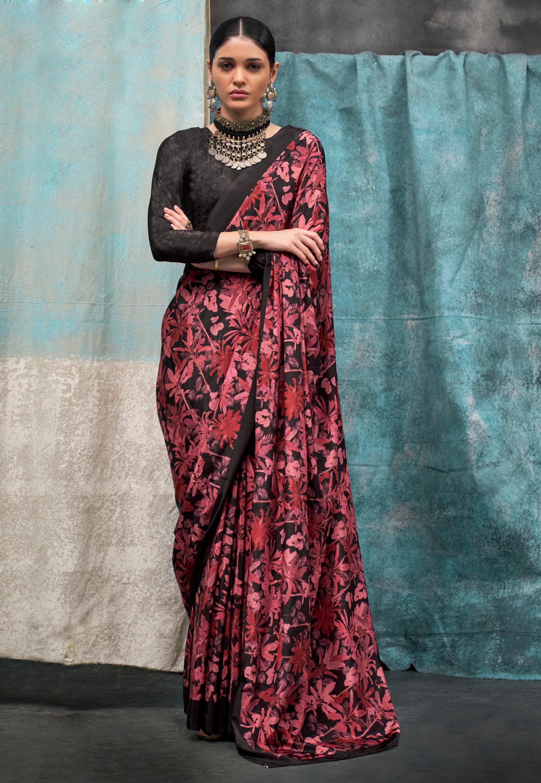 Brick Crape Saree With  Digital Print