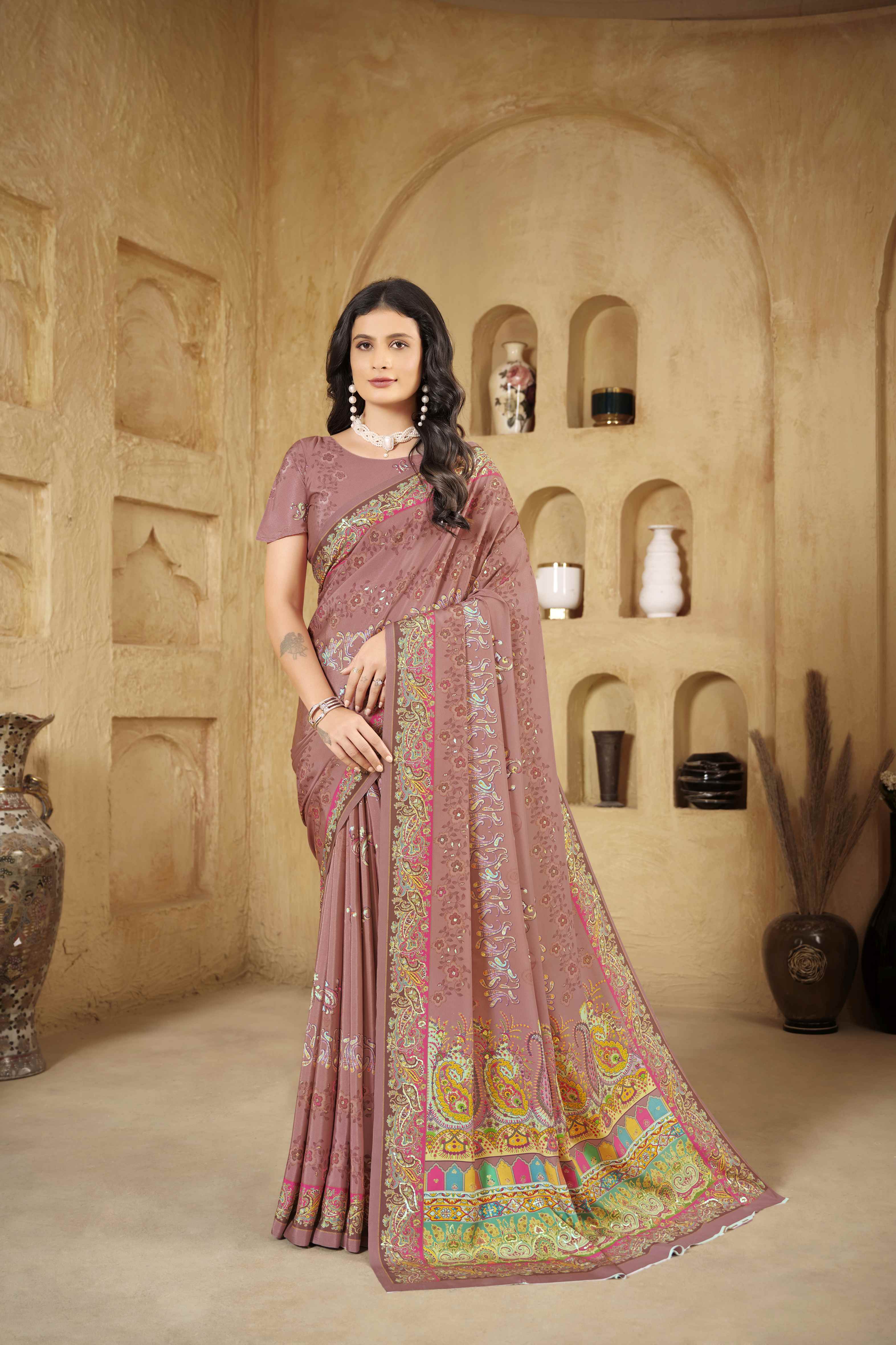 Brick Pink Beautiful Designer Position Digital Foil Printed Crepe Silk Designer Partywear Saree