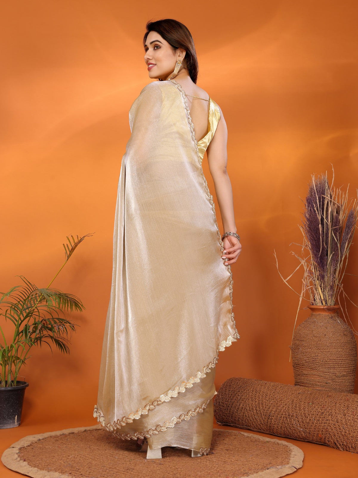 Bronze Jimmy Choo Fabric Saree With Plain Saree With Embroidery Sequence Work Cut Work Lace