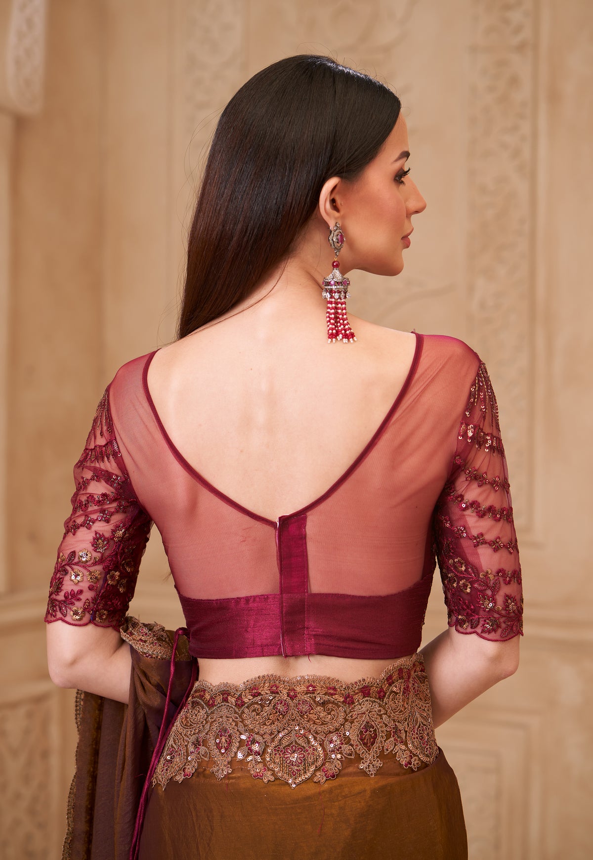 Bronze Saree With  Heavy Thread Embroidery Sequins Border Work With Embroidery Blouse