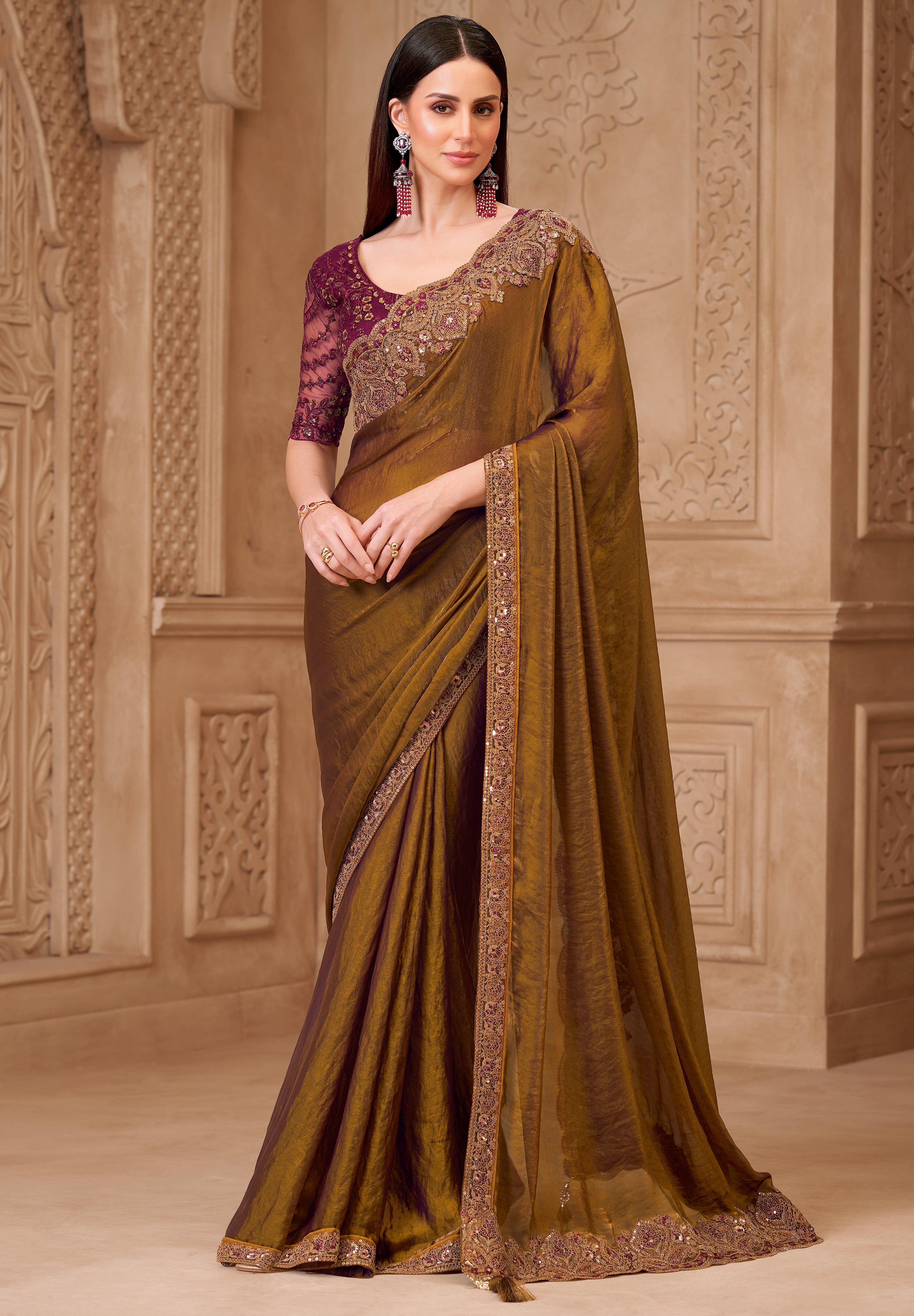 Bronze Saree With  Heavy Thread Embroidery Sequins Border Work With Embroidery Blouse