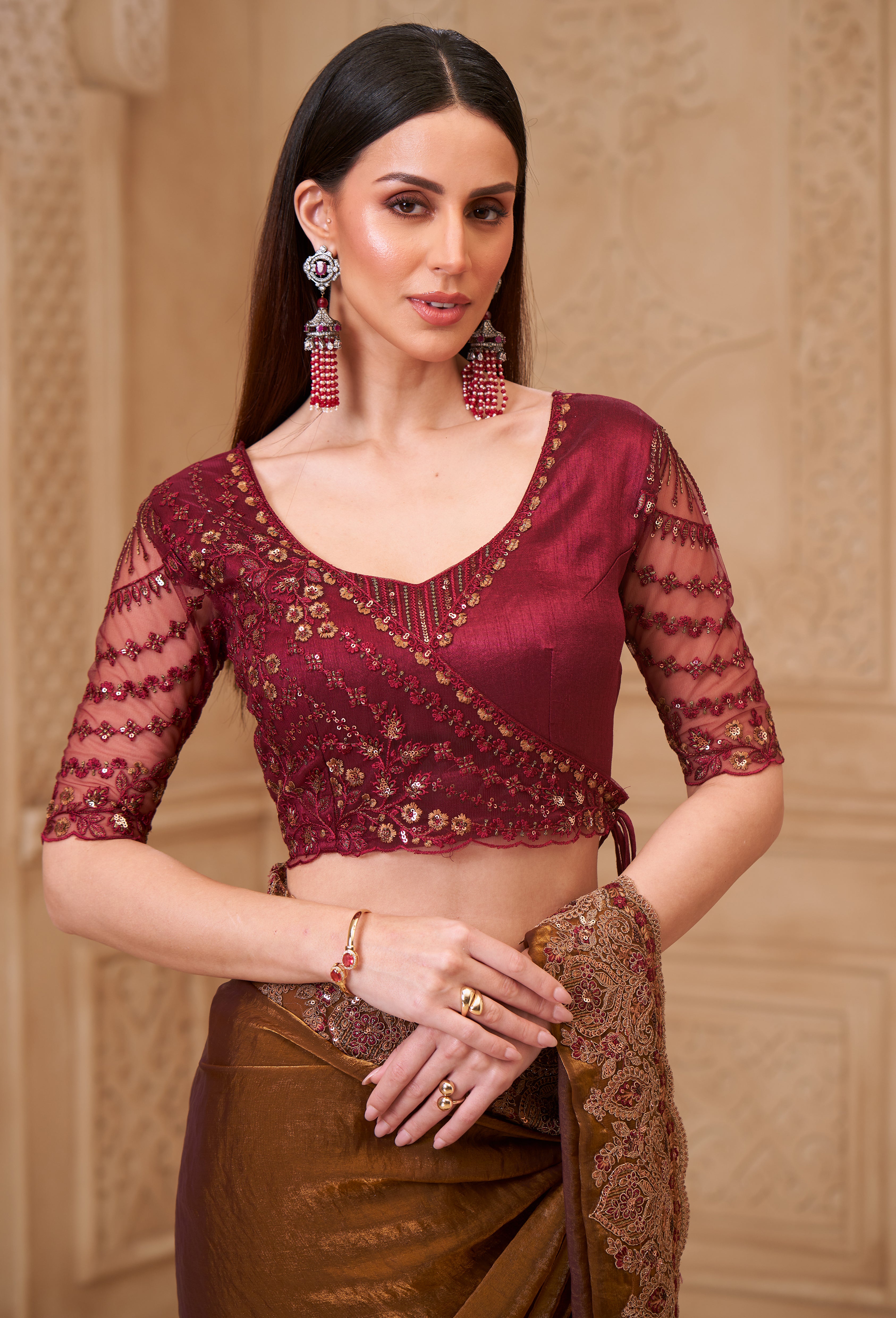 Bronze Saree With  Heavy Thread Embroidery Sequins Border Work With Embroidery Blouse