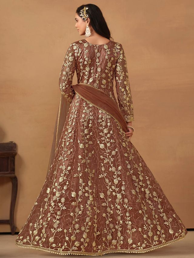Brown Anarkali Suit With Heavy Thread Embroidery With Sequis Work