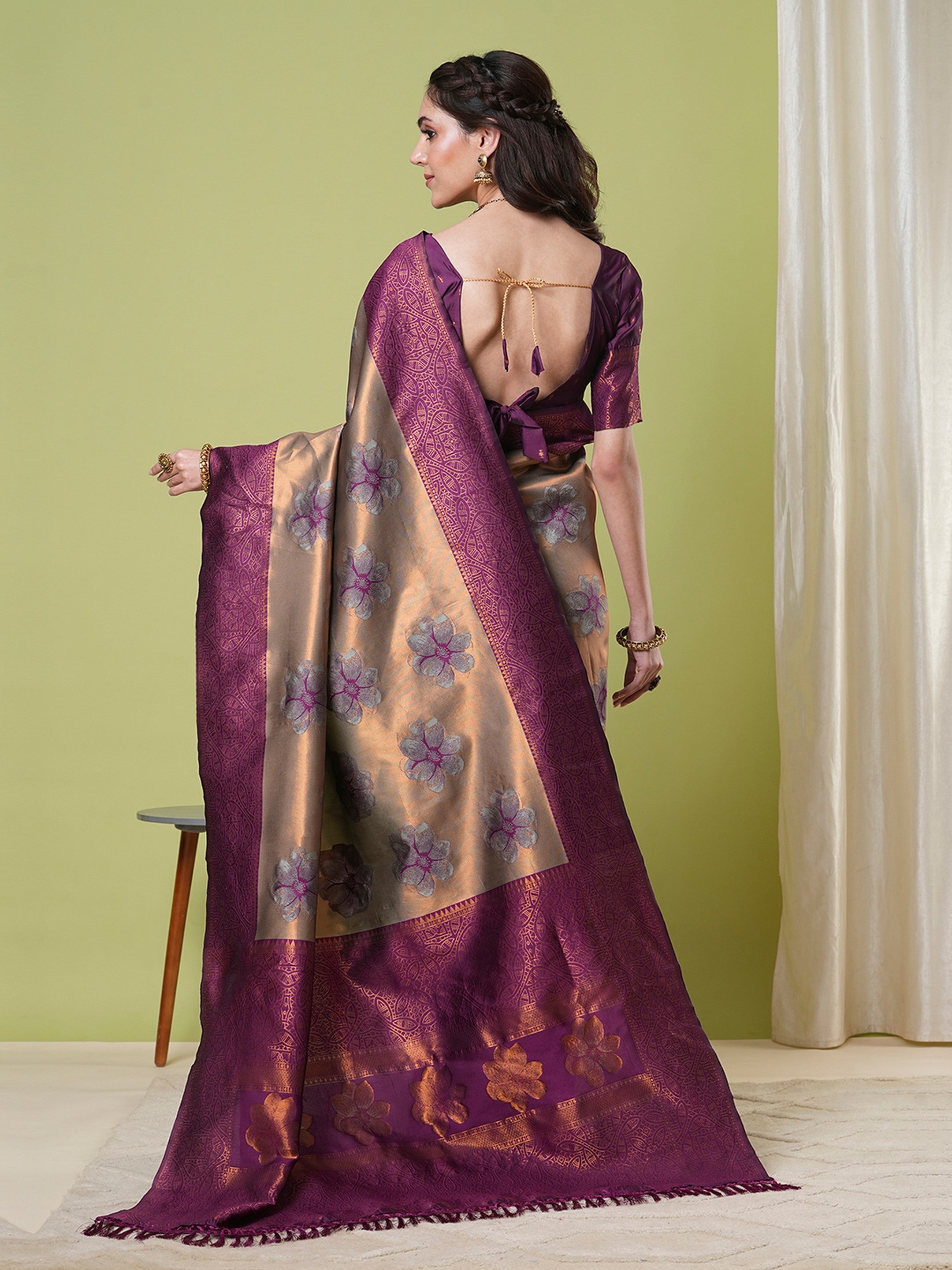Brown Banarasi Silk Woven Jacquard Designer Partywear Saree