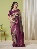 Brown Banarasi Silk Woven Jacquard Designer Partywear Saree