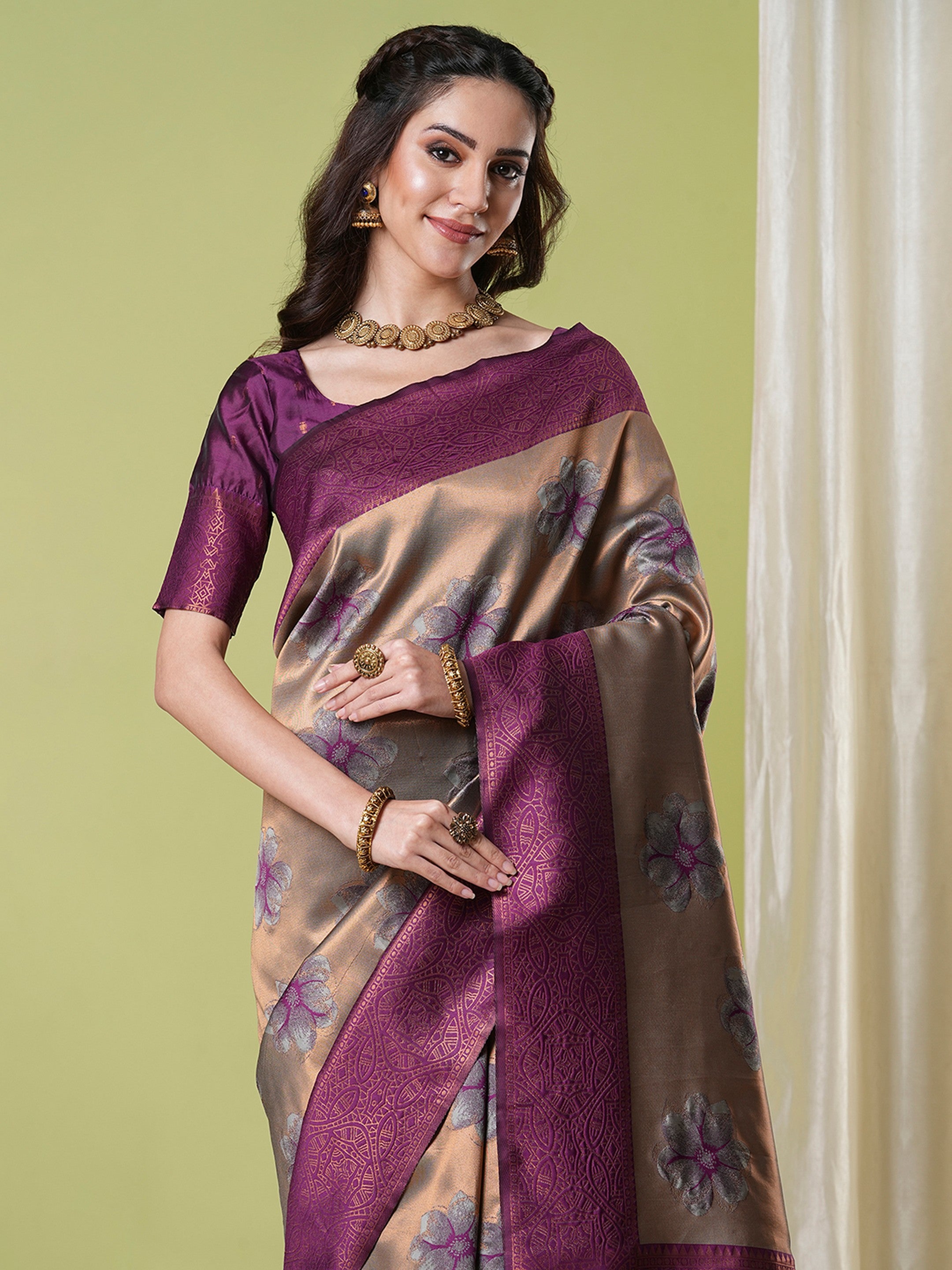 Brown Banarasi Silk Woven Jacquard Designer Partywear Saree