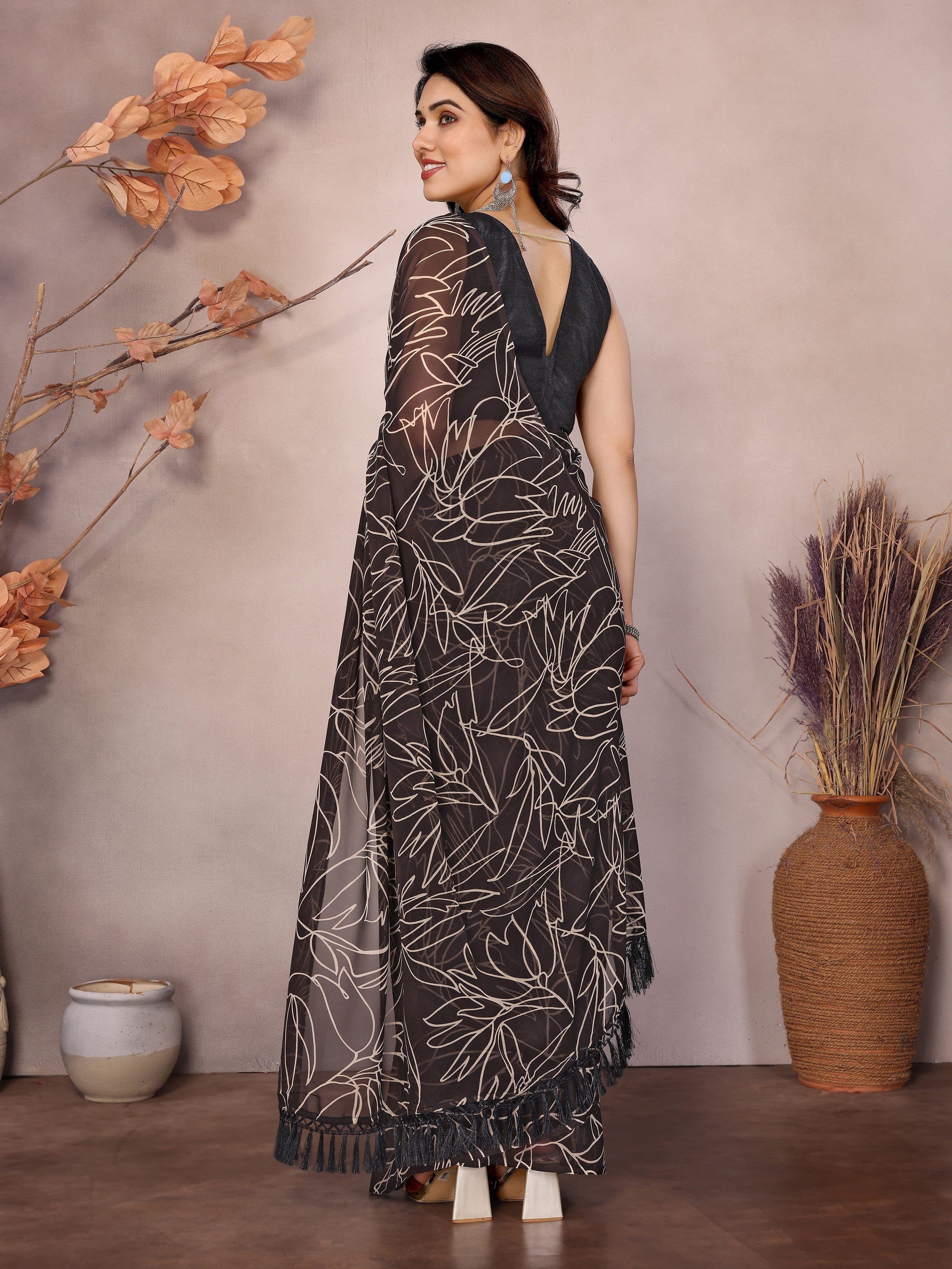 Brown Beautiful Designer Printed Ready To Wear Saree For Fancy Looks