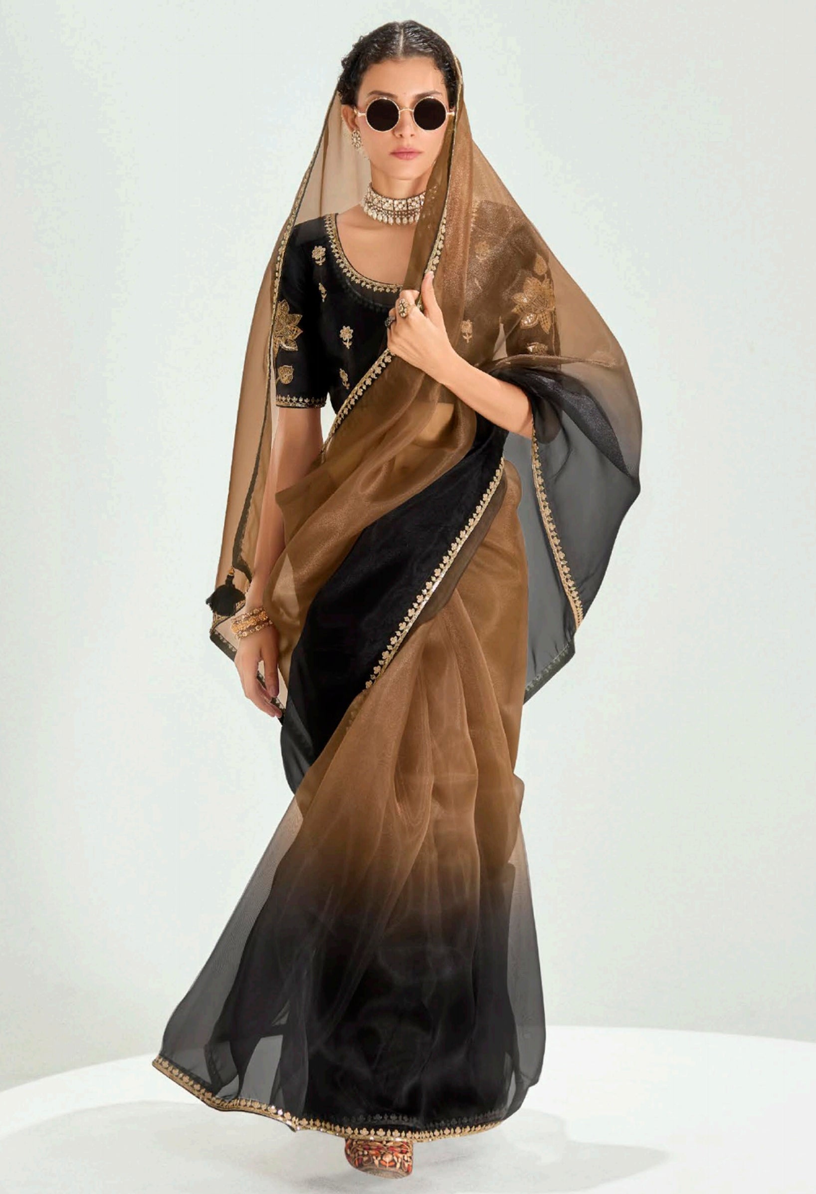 Brown  Black Organza Saree with Embroidered Blouse