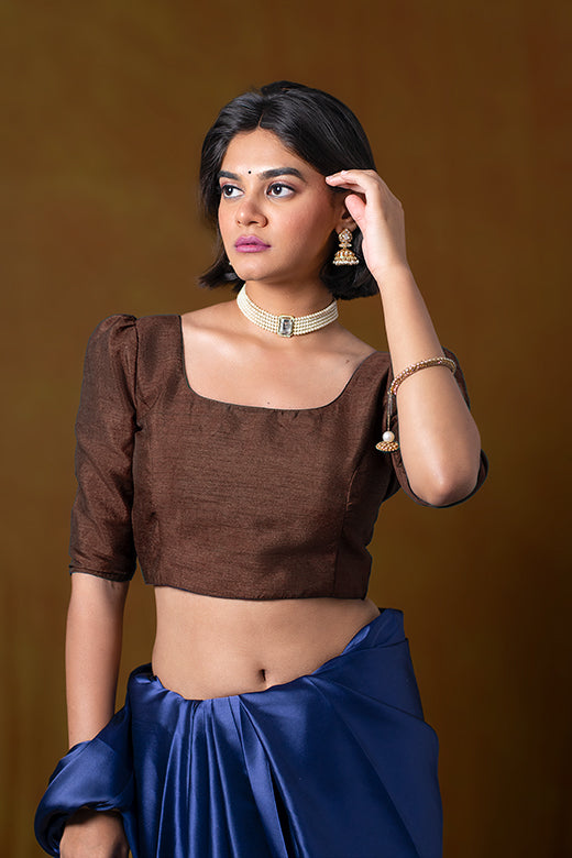 Brown Blouse in Art Silk with Puff Shoulders And Half Sleeves