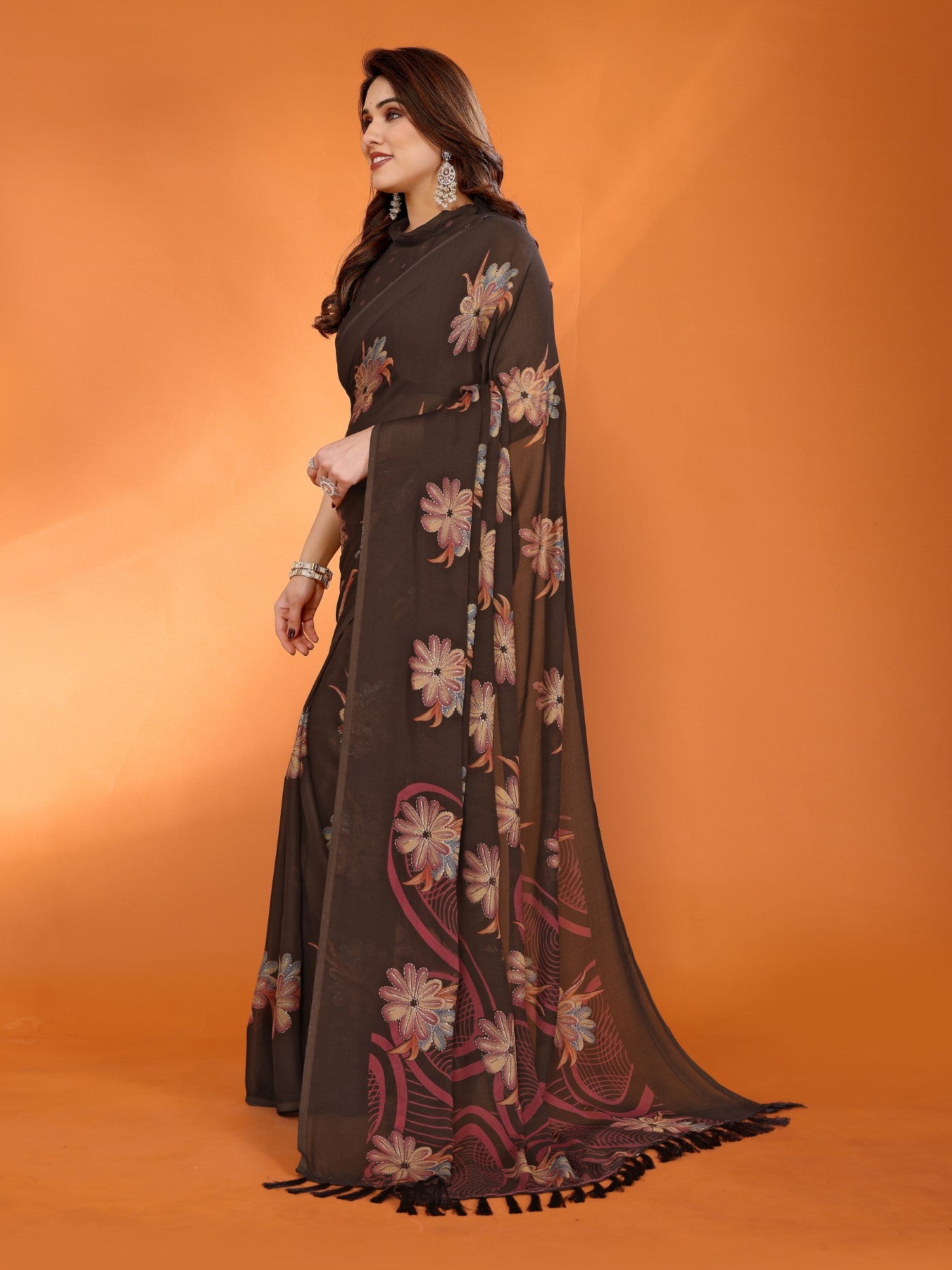 Brown Bright Moss Satin Patta Saree With Printed Design