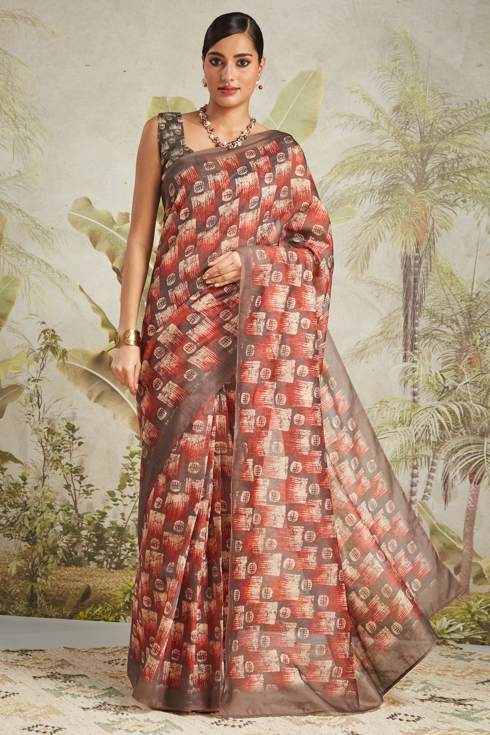 Brown Chanderi Cotton Festive Wear Saree With Smart Digital Print