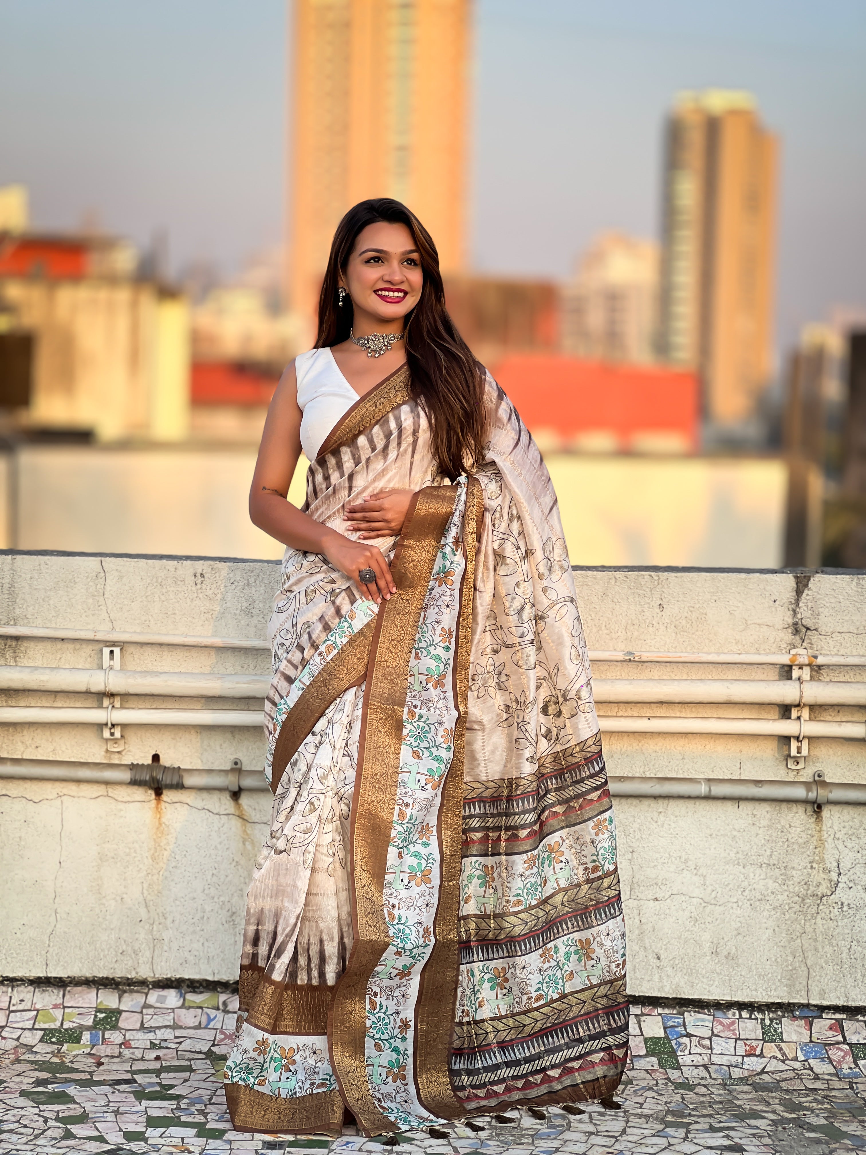 Brown Chanderi Crush Printed With Woven Jari Designer Elegant Sophisticated Saree