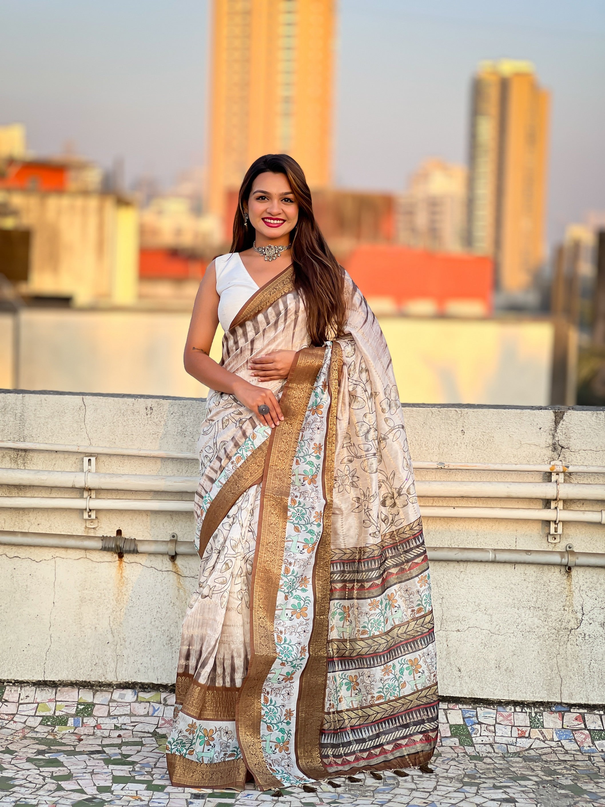 Brown Chanderi Crush Printed With Woven Jari Designer Elegant Sophisticated Saree