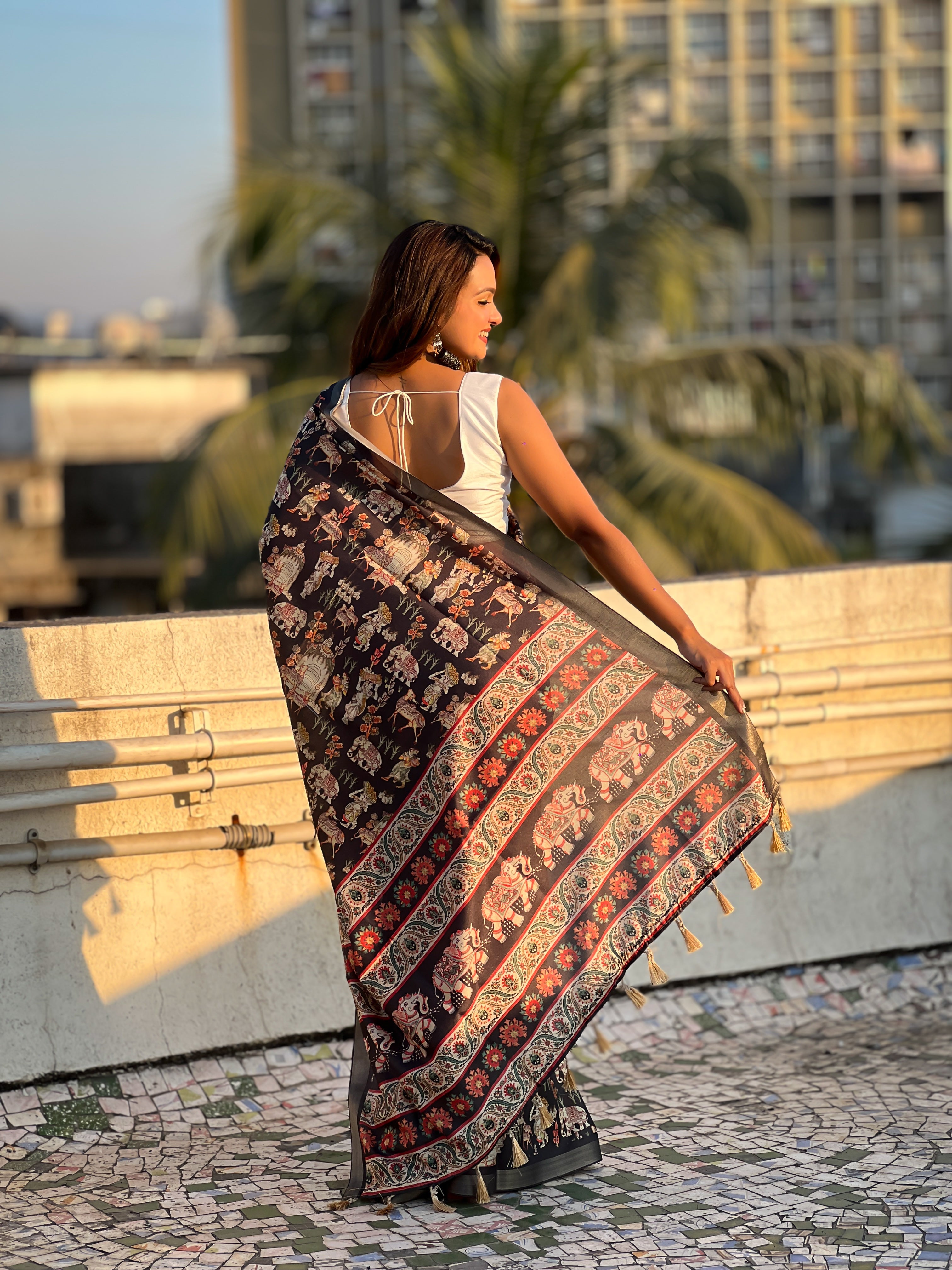 Brown Classic Tussar Silk Saree With Woven And Designer Print Work