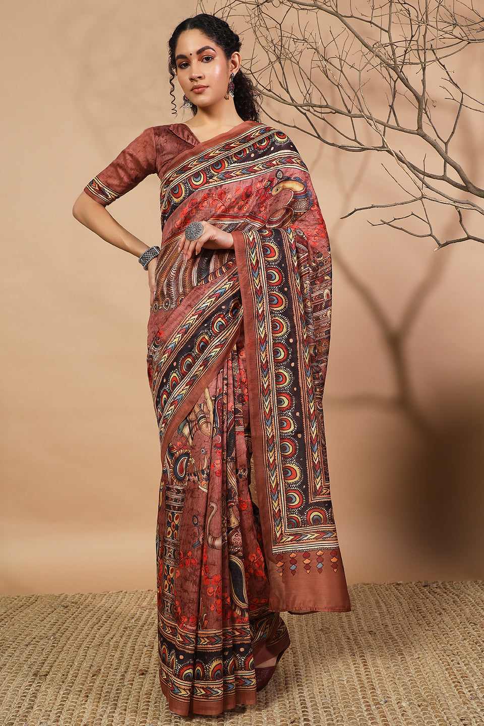 Brown Cotton Silk Designer Digital Printed Ethnic Ceremonial Saree