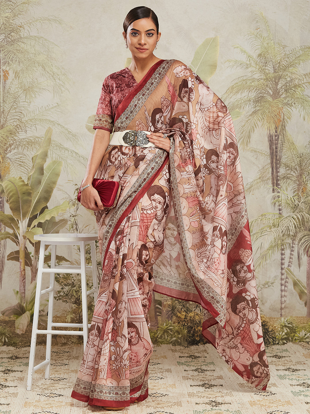 Brown Cotton Silk Designer Digital Printed Ethnic Ceremonial Saree