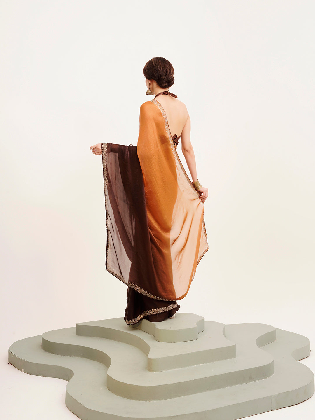 Brown Embellished Beads And Stones Chiffon Saree For Beautiful Partywear Saree