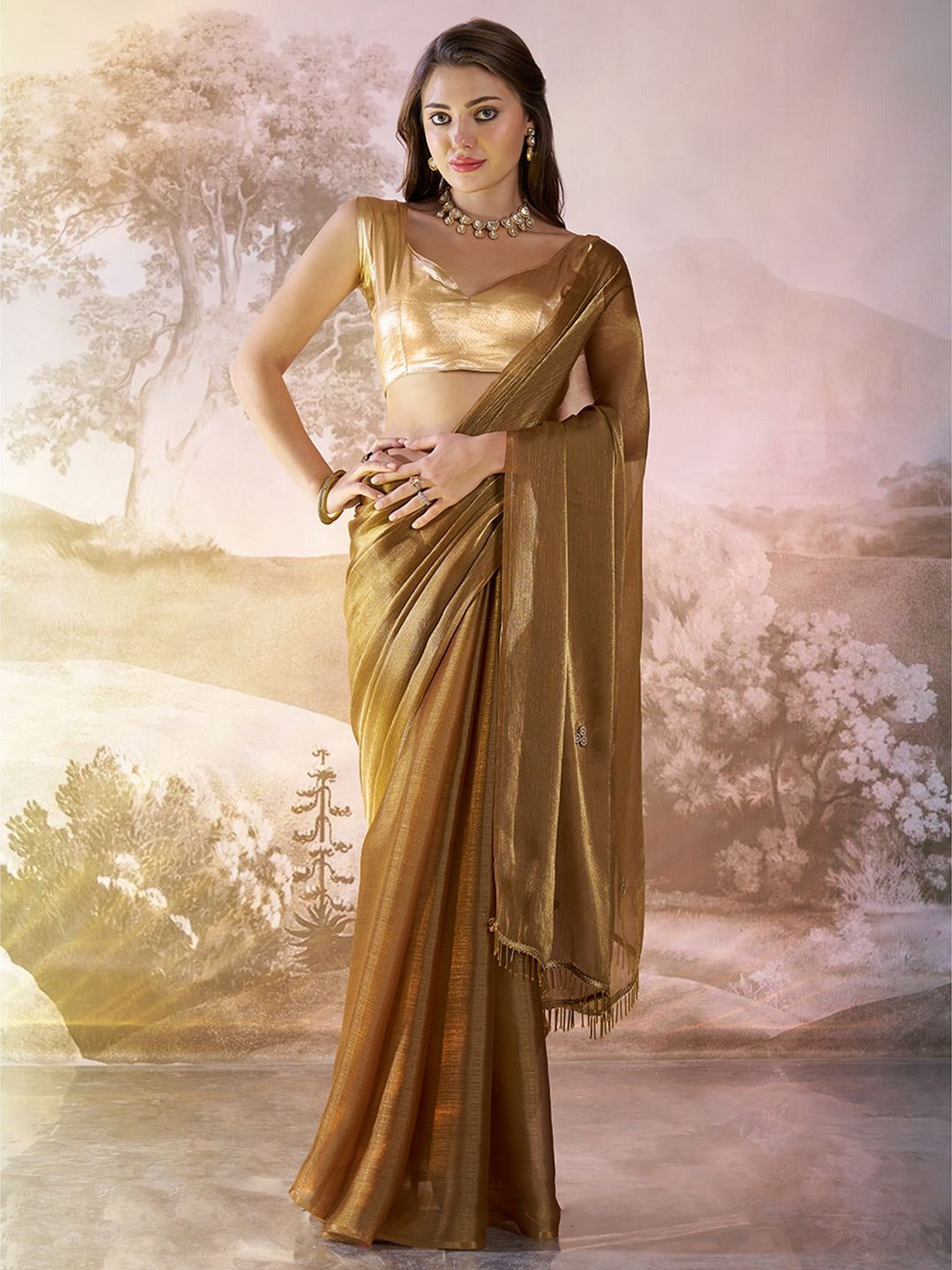 Brown Glamorous Bollywood Style Solid Fancy Designer Burberry Organza Saree