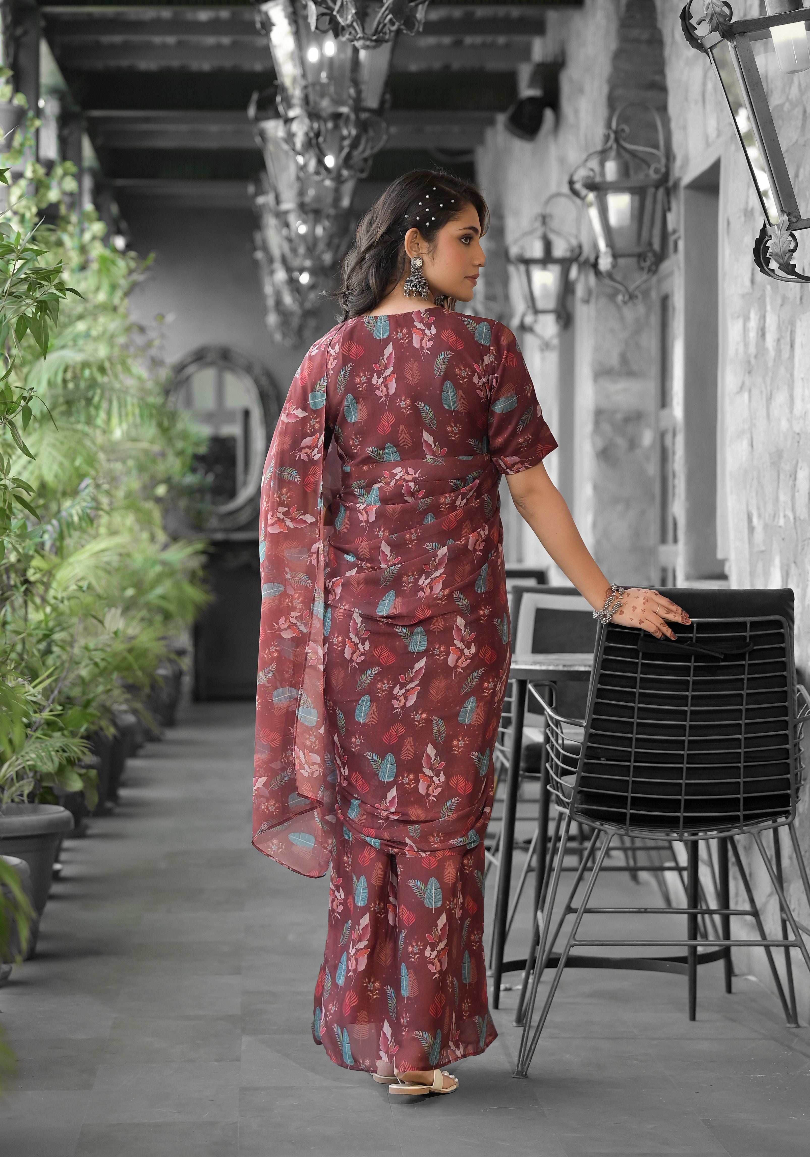 Brown Imported Georgette Designer Digital Printed Ready To Wear Gown Style Saree