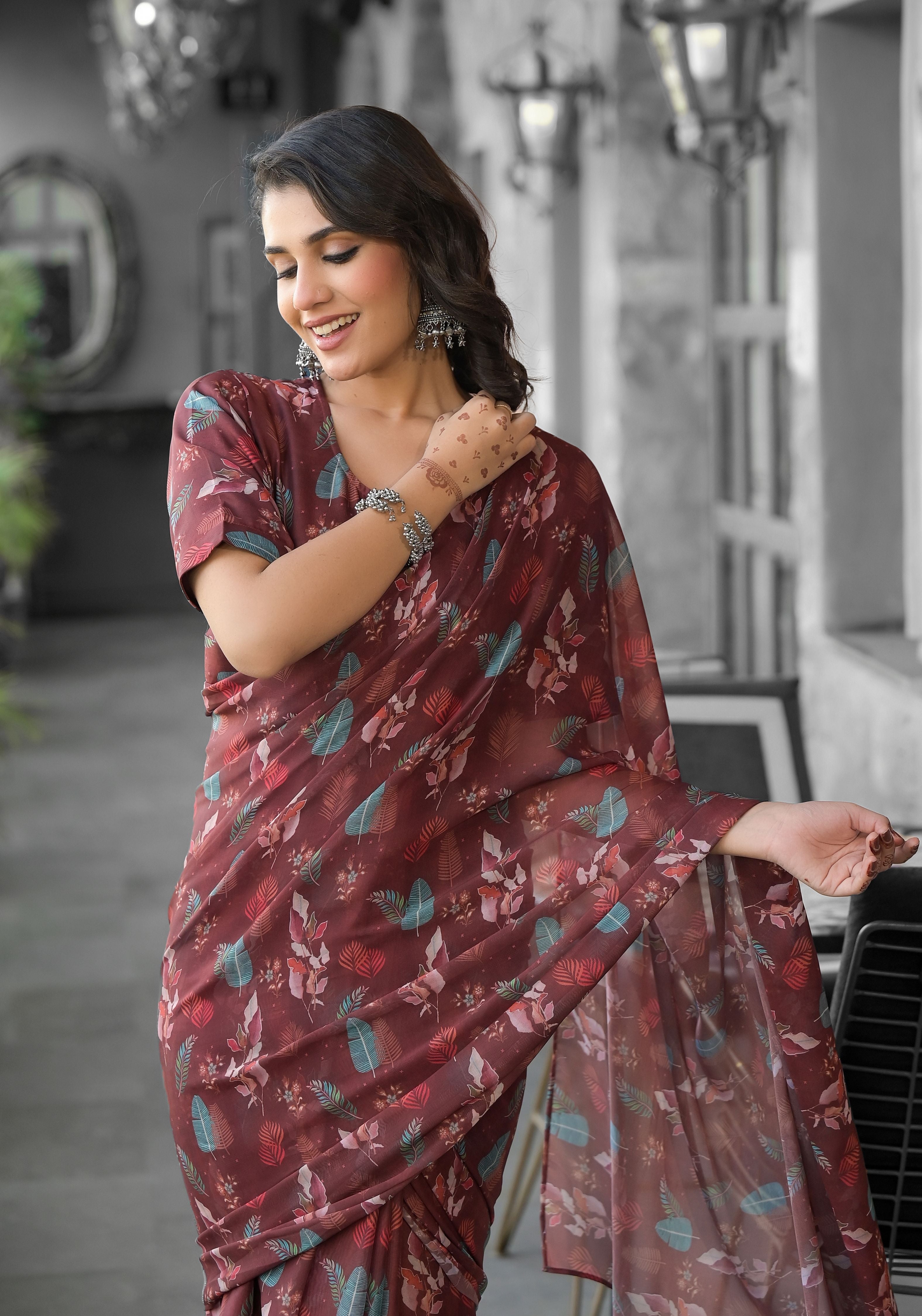 Brown Imported Georgette Designer Digital Printed Ready To Wear Gown Style Saree
