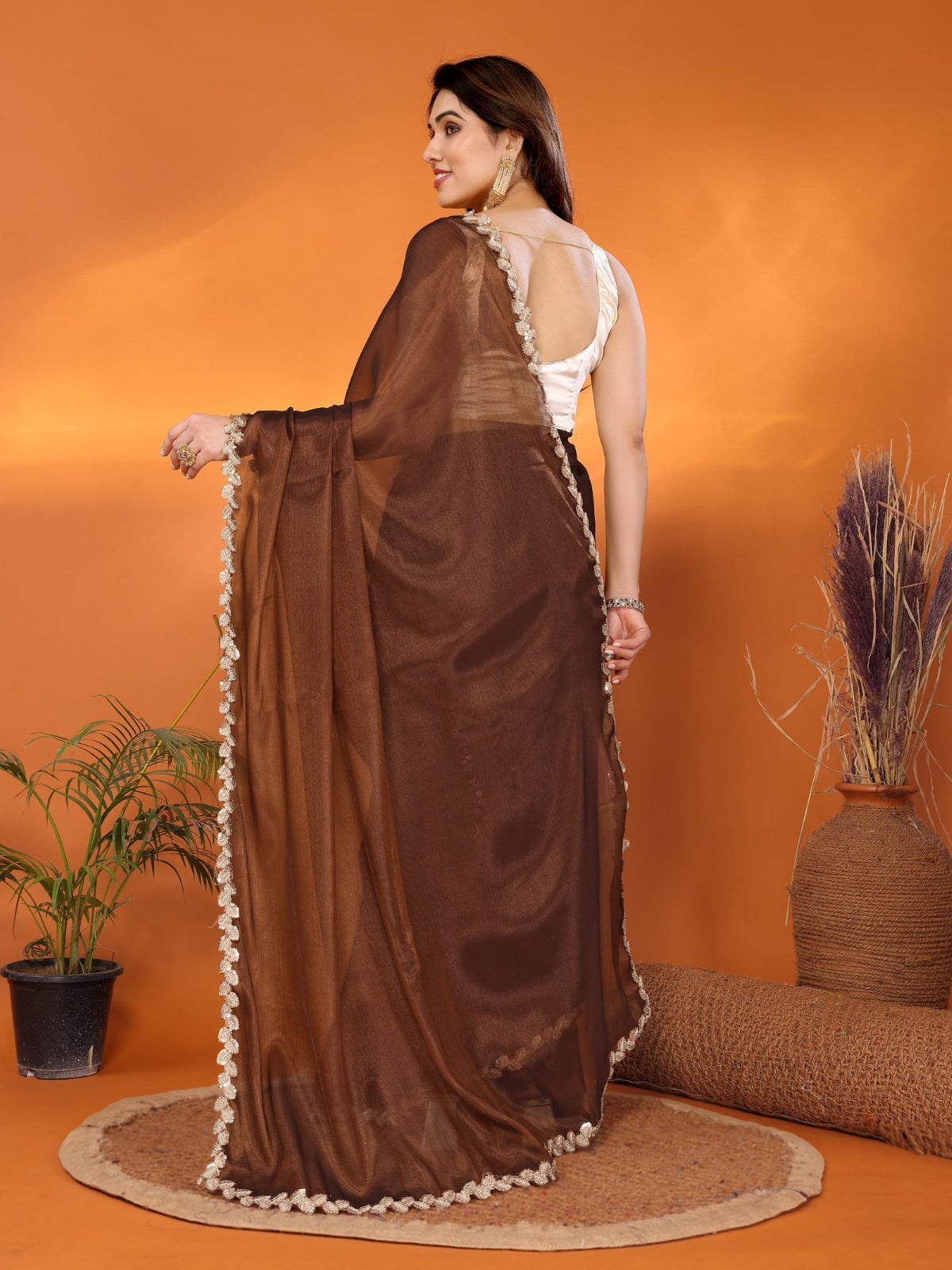 Brown Jimmy Choo Fabric Saree With Plain Saree With Embroidery Sequence Work Cut Work Lace