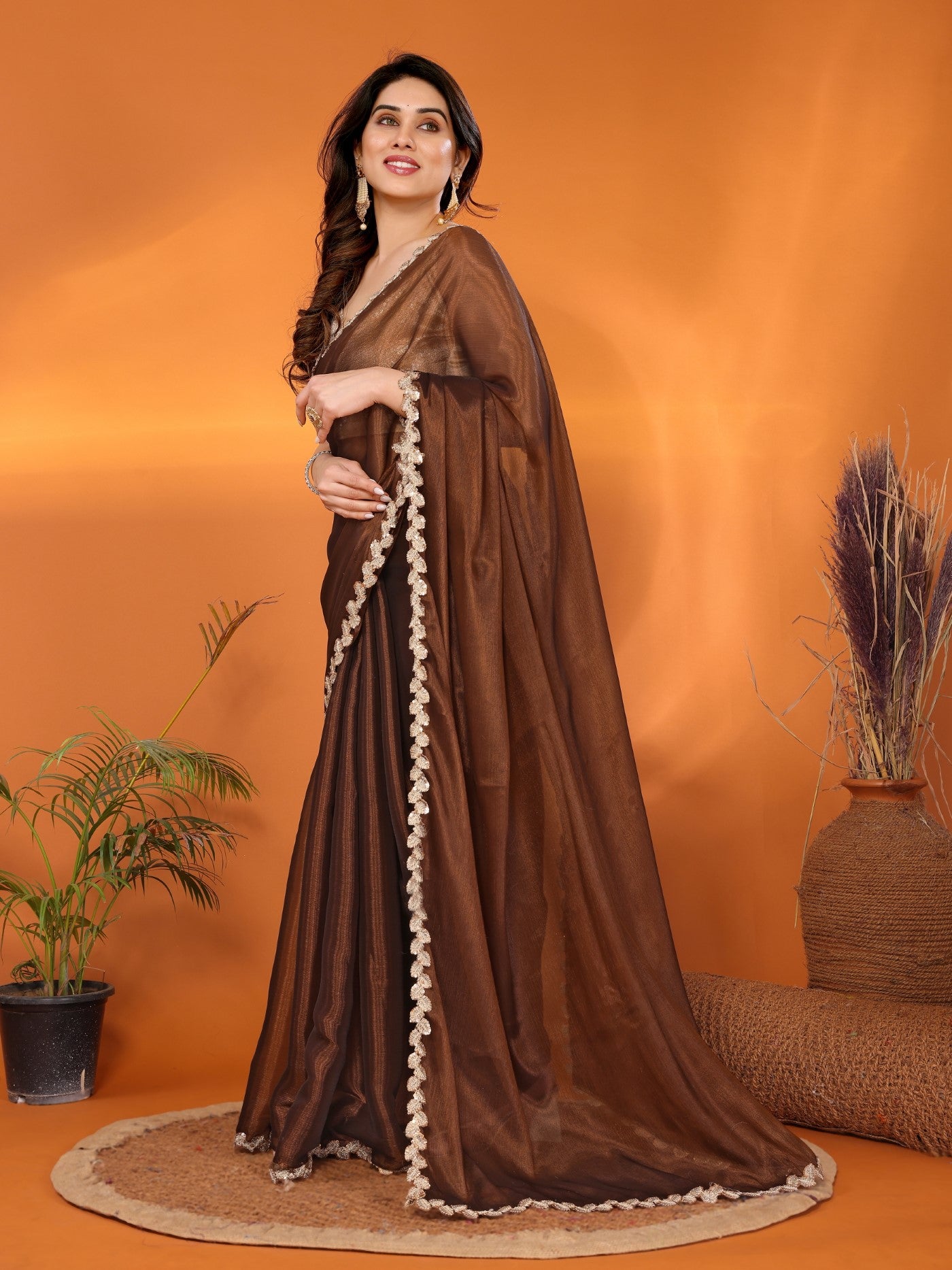 Brown Jimmy Choo Fabric Saree With Plain Saree With Embroidery Sequence Work Cut Work Lace