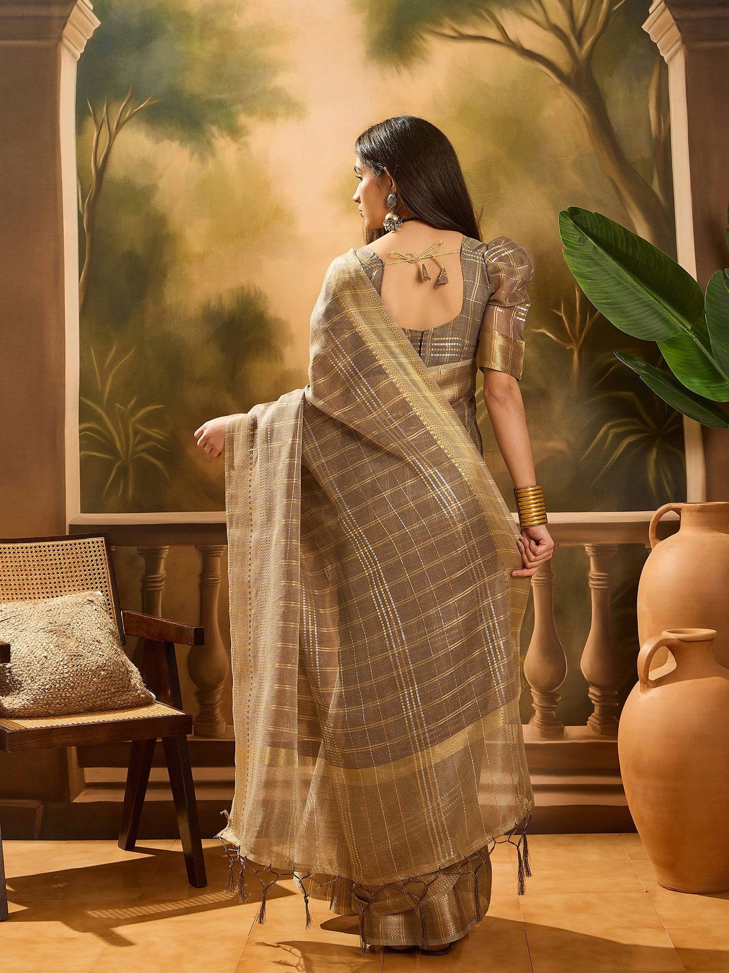 Brown Khadi Organza Woven Jacquard Designer Ethnic Traditional Festive Wear Saree