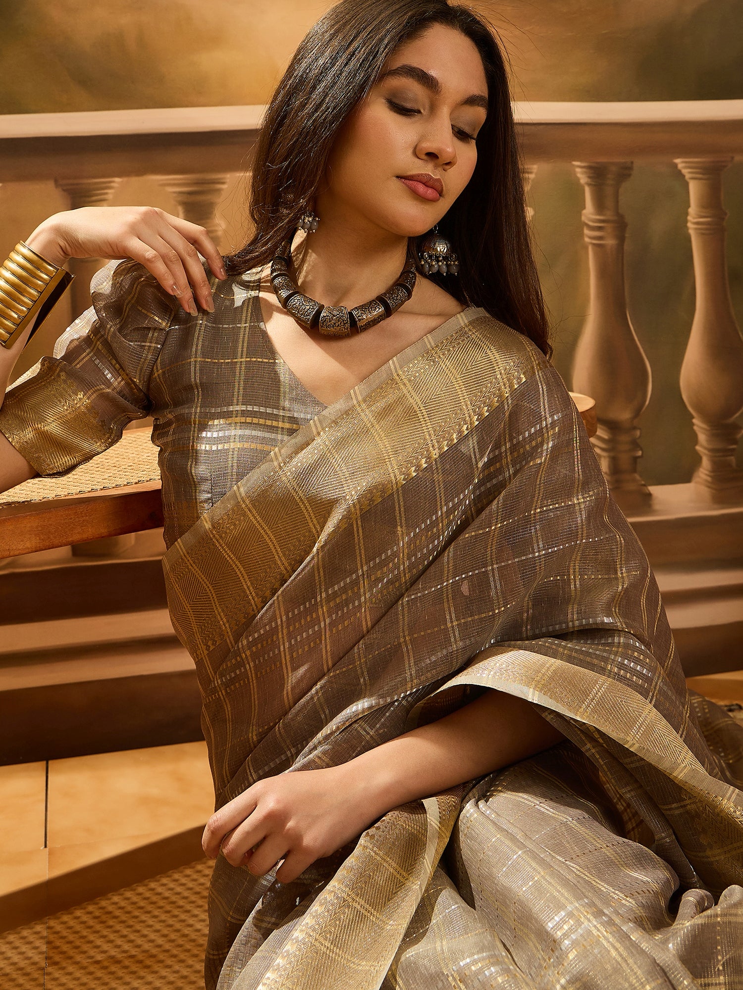 Brown Khadi Organza Woven Jacquard Designer Ethnic Traditional Festive Wear Saree