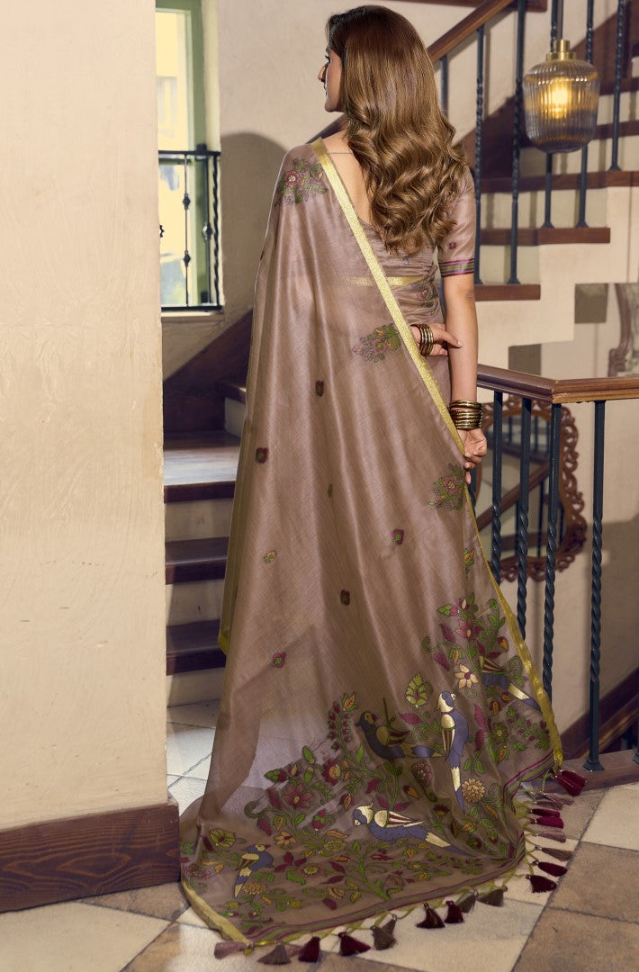 Brown Kolkata Cotton Saree with Designer Litchi Jari Work
