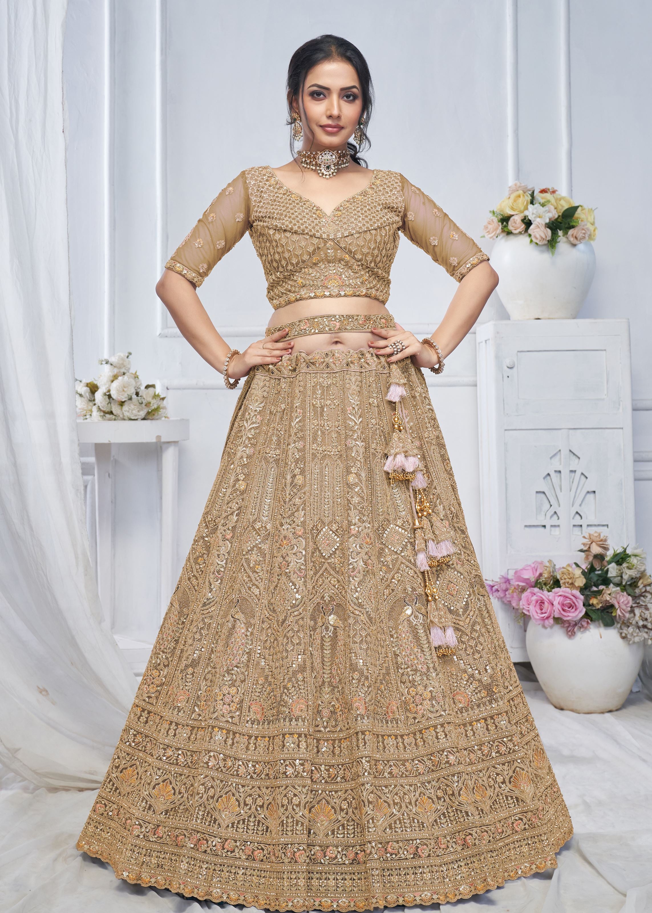 Brown Lehenga Choli With Paisley And Peacock Motifs & Heavy Embroidery