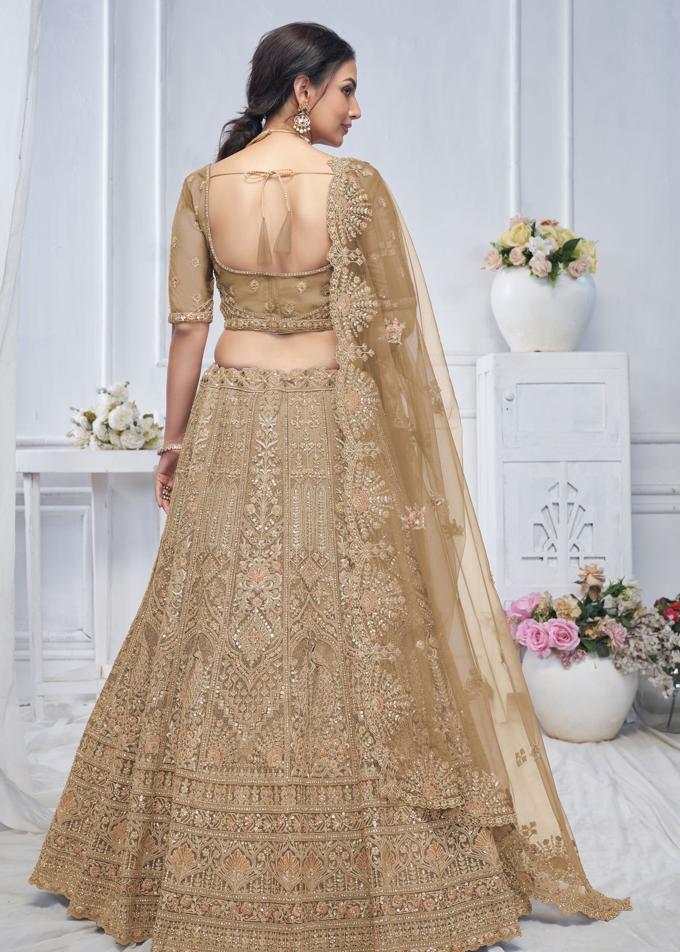 Brown Lehenga Choli With Paisley And Peacock Motifs & Heavy Embroidery